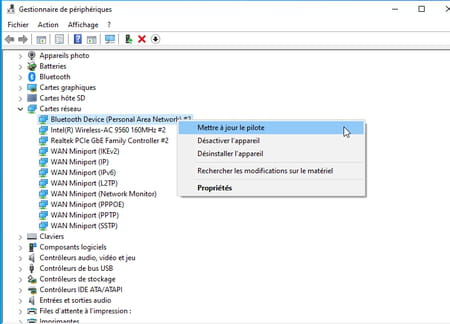 trouvez le pilote bluetooth et faites un clic droit dessus