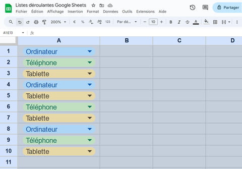 Cr&eacute;er des listes d&eacute;roulantes avec Google Sheets